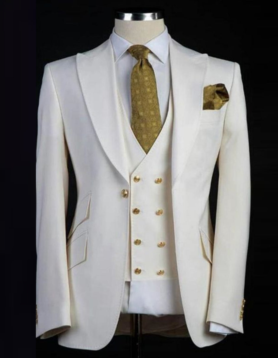 Mens One Button Peak Lapel Vested Wedding Suit with Gold buttons in White - Men's Tuxedo USA