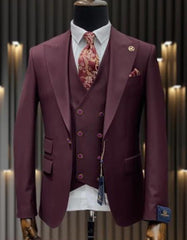 Mens One Button Peak Lapel Double Breasted Vest Wool Suit in Burgundy - Men's Tuxedo USA