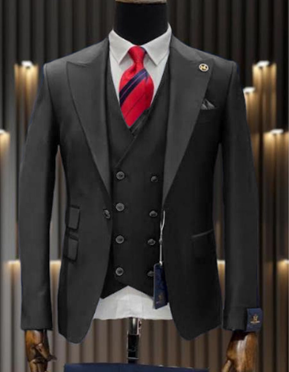 Mens One Button Peak Lapel Double Breasted Vest Wool Suit in Charcoal Grey - Men's Tuxedo USA