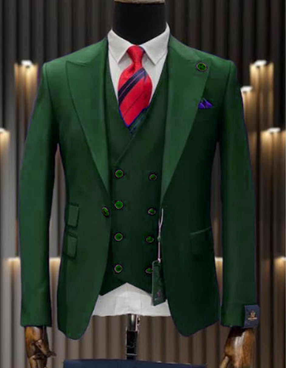 Mens One Button Peak Lapel Double Breasted Vest Wool Suit in Hunter Green - Men's Tuxedo USA