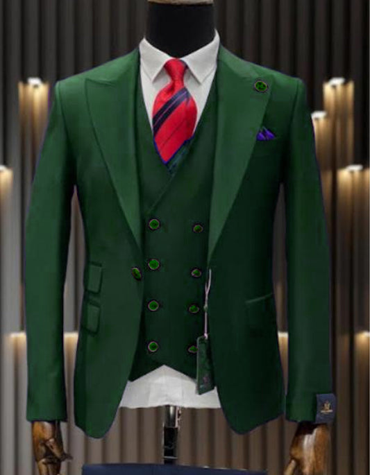 Mens One Button Peak Lapel Double Breasted Vest Wool Suit in Hunter Green - Men's Tuxedo USA