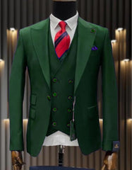 Mens One Button Peak Lapel Double Breasted Vest Wool Suit in Hunter Green - Men's Tuxedo USA