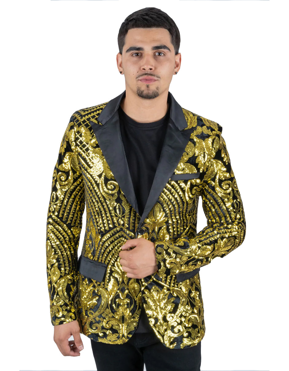 Mens Black & Gold Paisley Sequin Prom Blazer Tuxedo - Men's Tuxedo USA