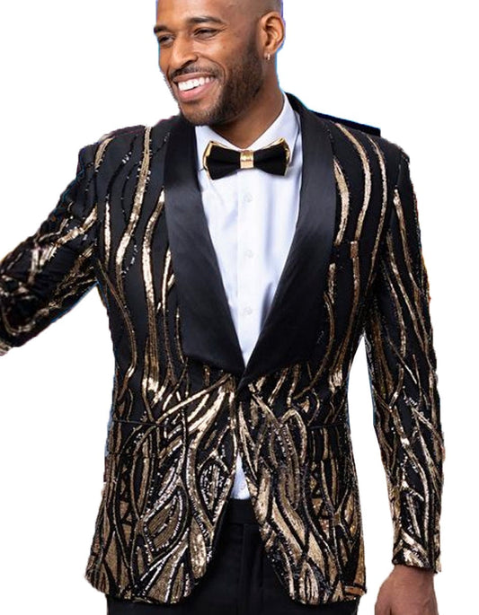 Mens Black & Gold Paisley Sequin Blazer Tuxedo - Men's Tuxedo USA