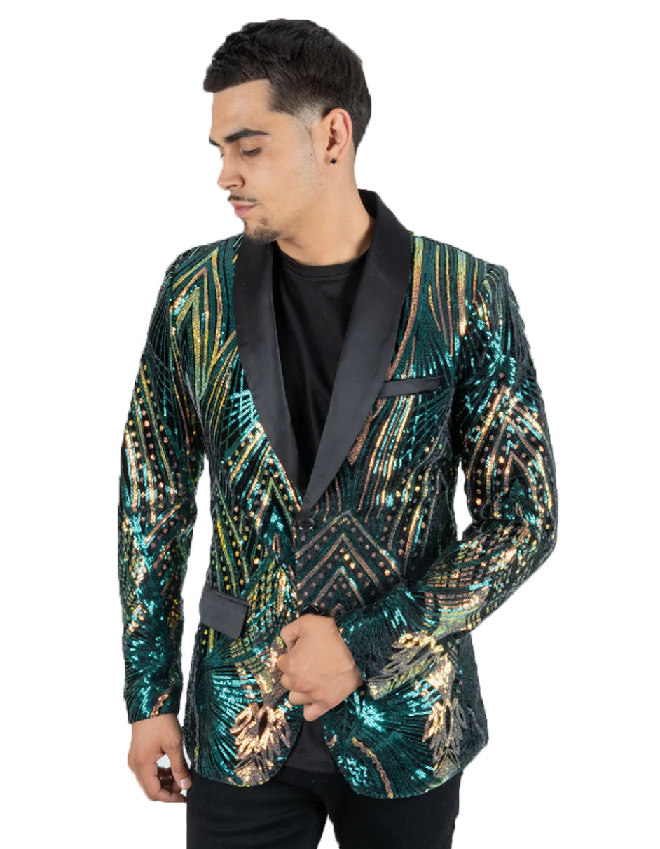 Mens Emerald Green & Gold Linear Sequin Prom Blazer Tuxedo - Men's Tuxedo USA