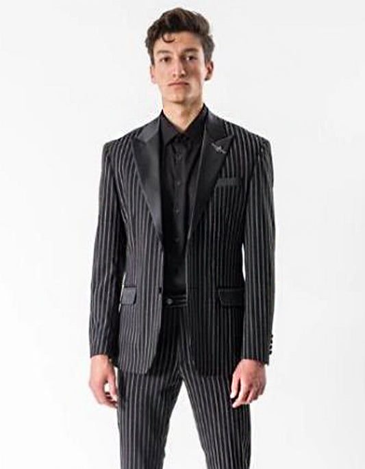 Mens 2 Button Gangster Pinstripe Peak Lapel Tuxedo in Black - Men's Tuxedo USA