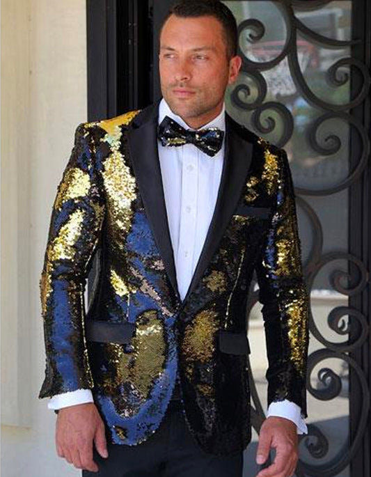 Mens Reversible Black & Gold Sequin Blazer - Men's Tuxedo USA