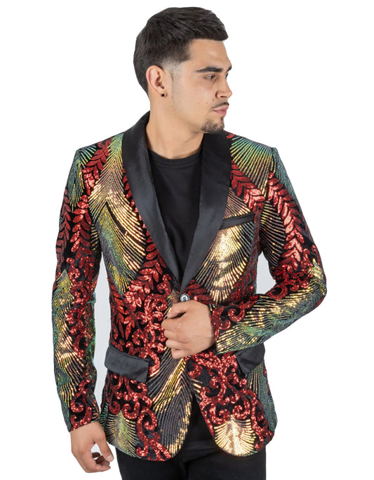 Mens Red & Gold Paisley Sequin Prom Blazer Tuxedo - Men's Tuxedo USA