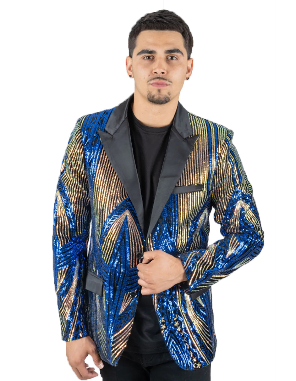 Mens Royal Blue & Gold Linear Sequin Prom Blazer Tuxedo - Men's Tuxedo USA