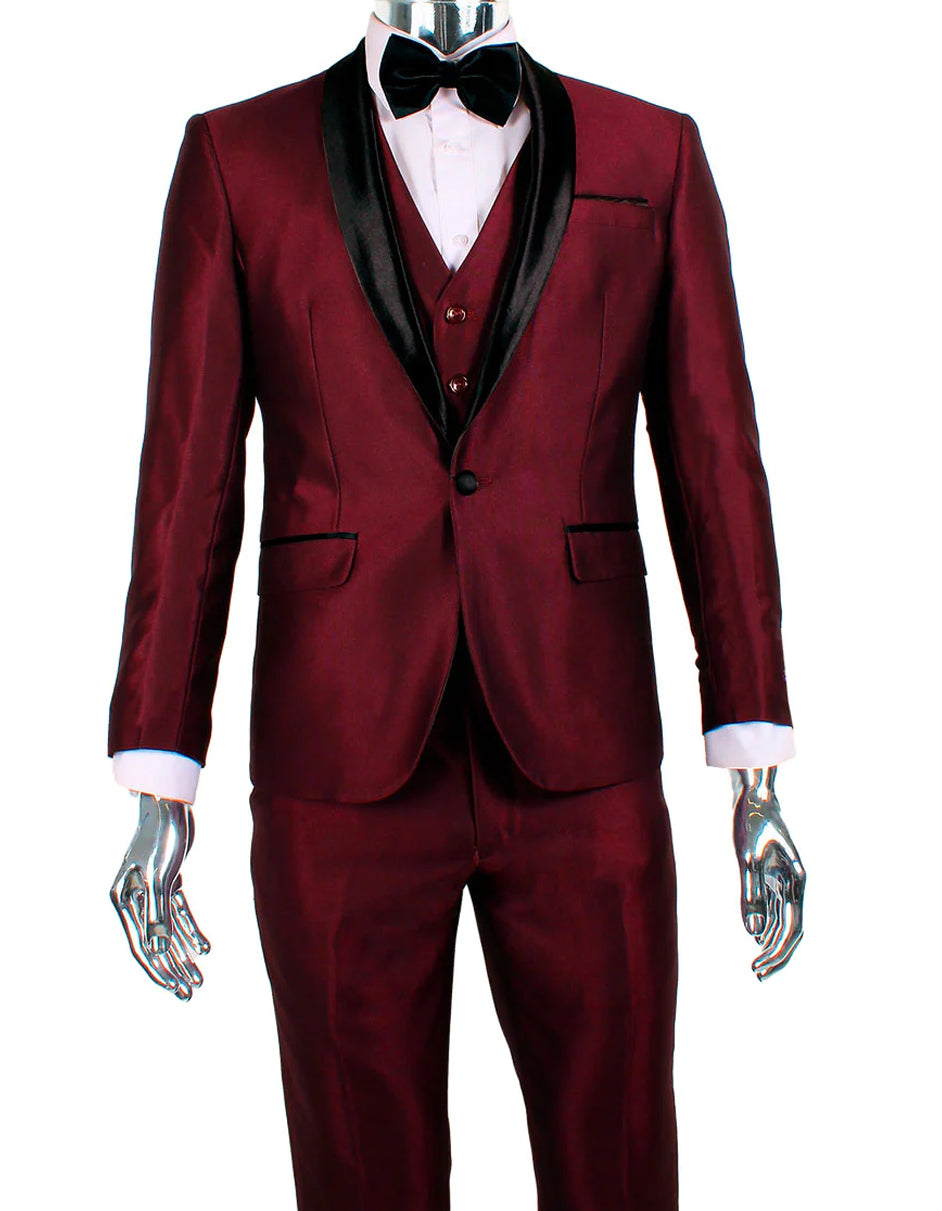 Mens 1 Button Shawl Lapel Vested Wedding | Prom Tuxedo in Burgundy Sharkskin - Men's Tuxedo USA