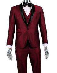 Mens 1 Button Shawl Lapel Vested Wedding | Prom Tuxedo in Burgundy Sharkskin - Men's Tuxedo USA