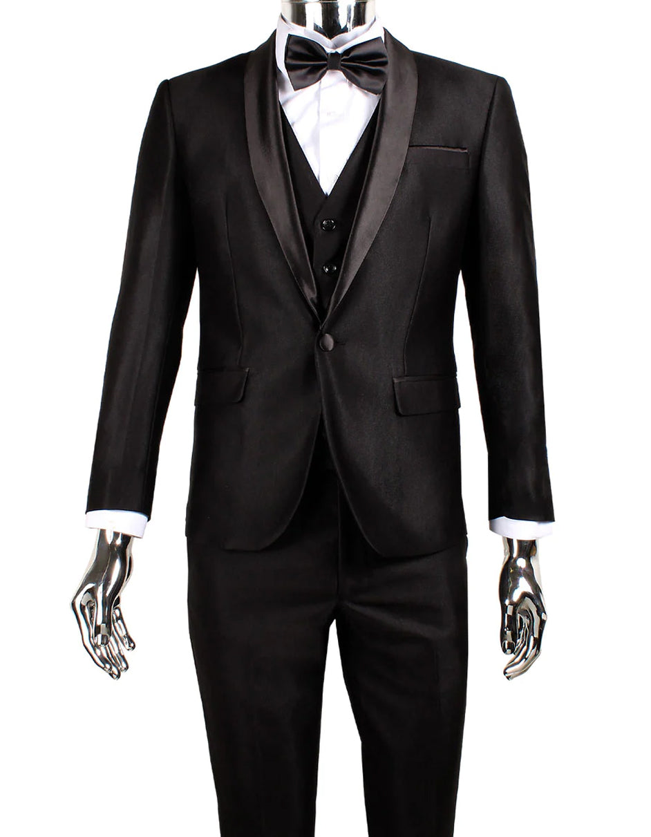 Mens 1 Button Shawl Lapel Vested Wedding | Prom Tuxedo in Black Sharkskin - Men's Tuxedo USA