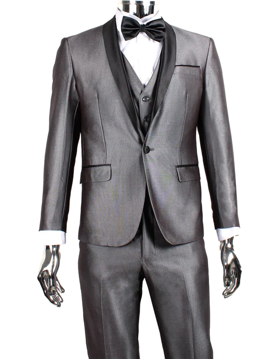 Mens 1 Button Shawl Lapel Vested Wedding | Prom Tuxedo in Silver Grey Sharkskin - Men's Tuxedo USA