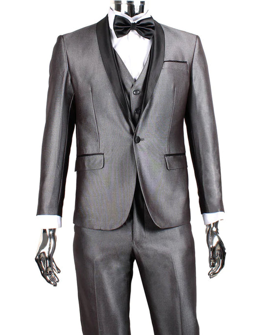 Mens 1 Button Shawl Lapel Vested Wedding | Prom Tuxedo in Silver Grey Sharkskin - Men's Tuxedo USA