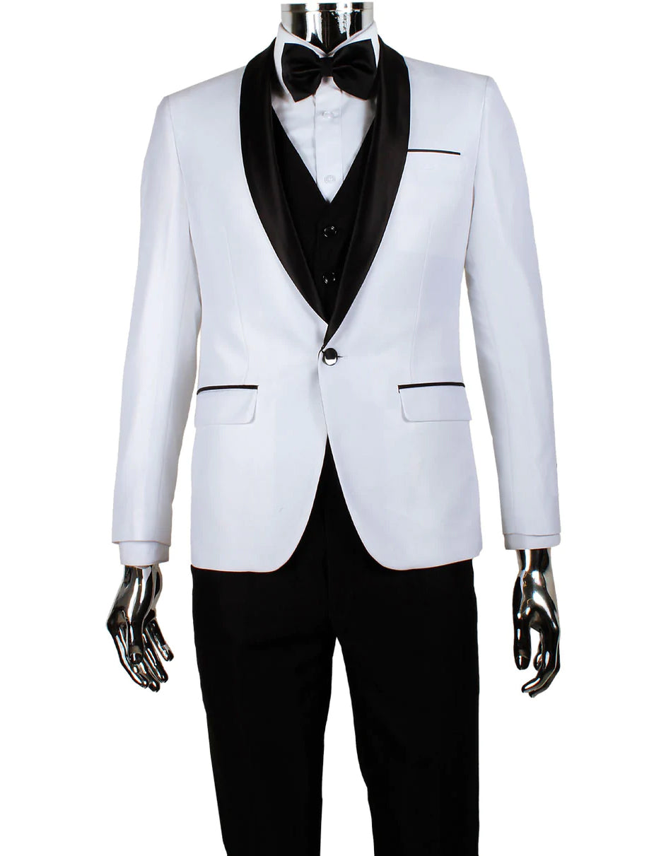 Mens 1 Button Shawl Lapel Vested Wedding | Prom Tuxedo in White Sharkskin - Men's Tuxedo USA