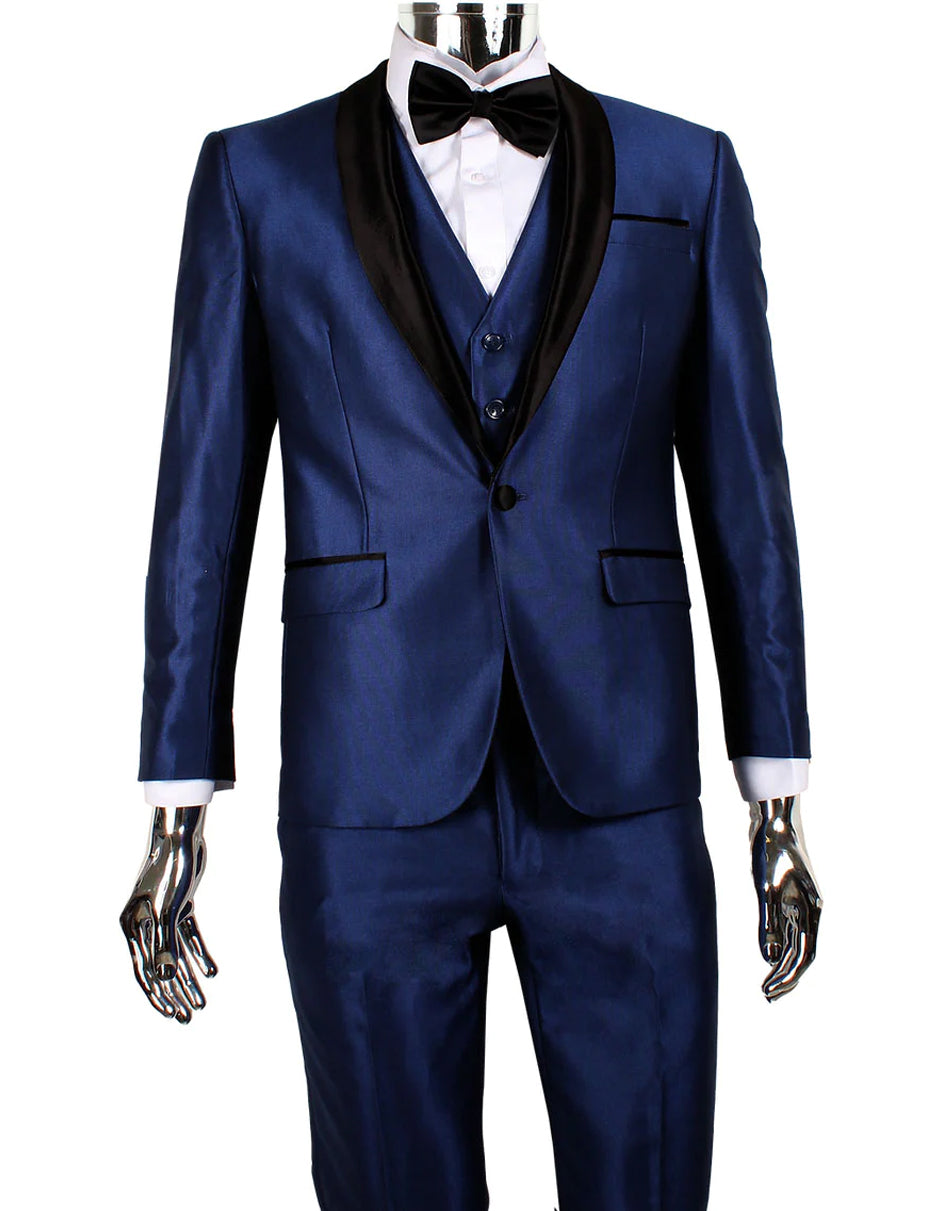 Mens 1 Button Shawl Lapel Vested Wedding | Prom Tuxedo in Navy Sharkskin - Men's Tuxedo USA