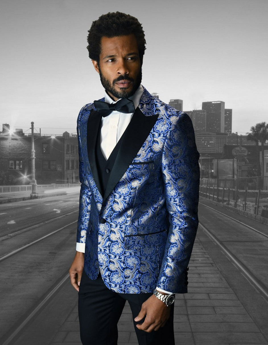 Mens Shiny Flower Pattern Paisley Tuxedo in Royal Blue - Men's Tuxedo USA