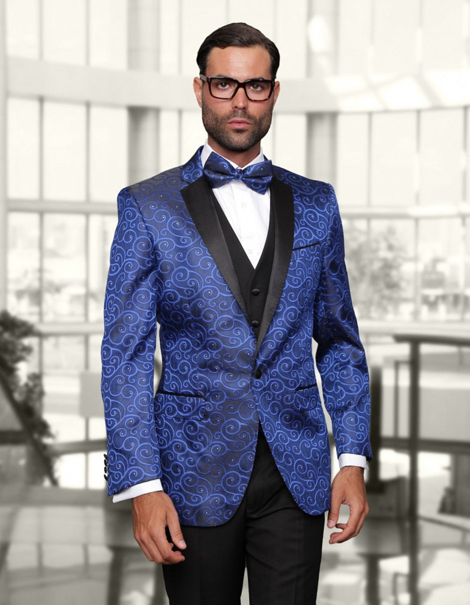 Mens Swirl Paisley Prom Tuxedo in Royal Blue & Black - Men's Tuxedo USA