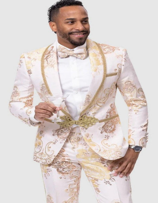 Mens White & Gold Paisley Prom & Wedding Tuxedo