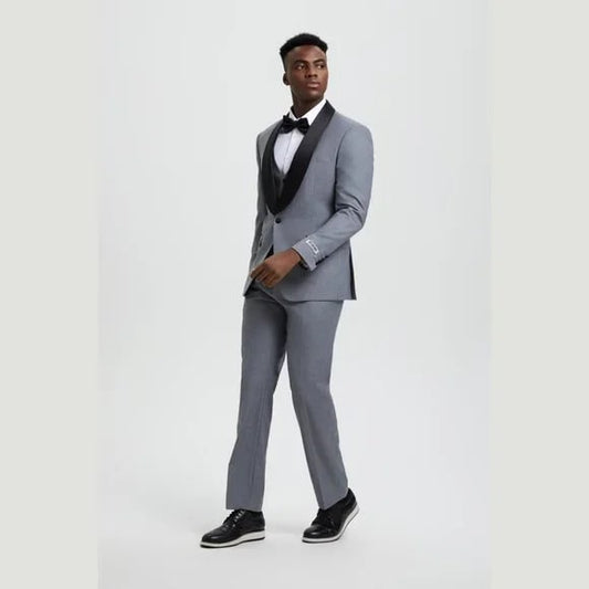 Stacy Adams 3pc Tuxedo Shawl Lapel, Mid Grey - Men's Tuxedo USA