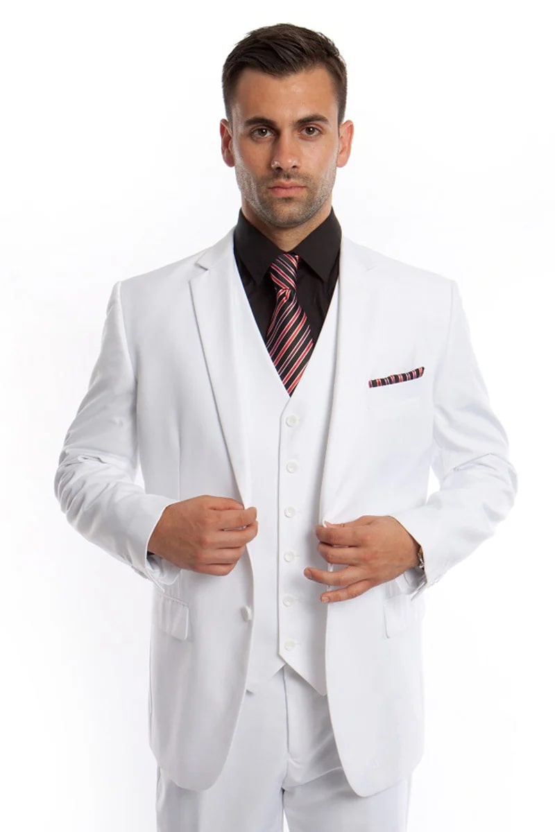 Men's Vested Two Button Solid Color Wedding  Business Suit in White - Men's Tuxedo USA