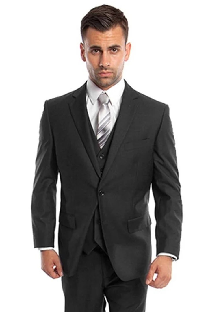 Men's Vested Two Button Solid Color Wedding & Business Suit In Black - Men's Tuxedo USA