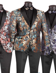 Mens Japanes Floral Paisley Print Prom & Wedding Navy Blue Tuxedo - Men's Tuxedo USA