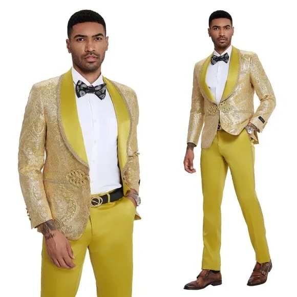 2024 Prom Special Mustard Paisley 2pc Mens Suit by Tazzio - Men's Tuxedo USA