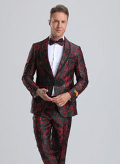 Men's Fancy Black & Red Floral Paisley Prom Tuxedo with Red Trim - Men's Tuxedo USA