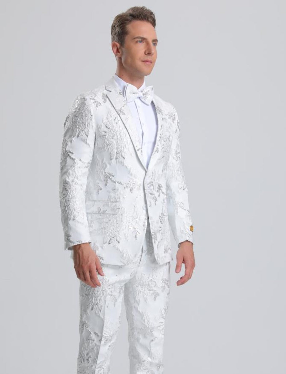 Men's White & Silver Floral Paisley Prom Tuxedo - Men's Tuxedo USA