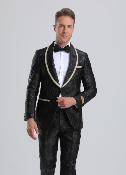 Men's Fancy Black Floral Paisley Prom Tuxedo with Gold Trim - Men's Tuxedo USA