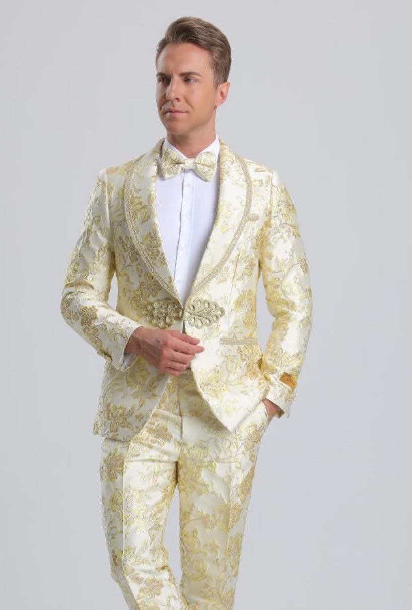 Men's Fancy Ivory & Gold Floral Paisley Prom Tuxedo with Gold Trim - Men's Tuxedo USA