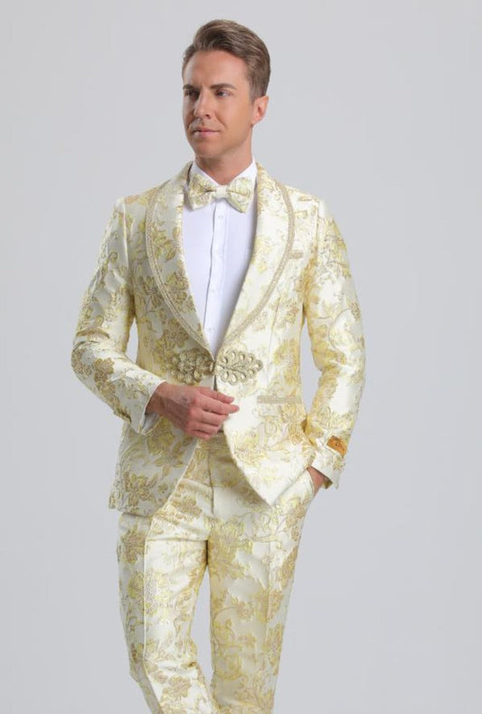 Men's Fancy Ivory & Gold Floral Paisley Prom Tuxedo with Gold Trim - Men's Tuxedo USA