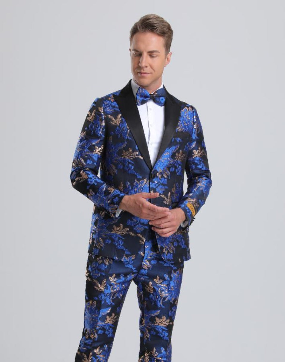 Men's Royal Blue & Gold Floral Paisley Prom Tuxedo - Men's Tuxedo USA