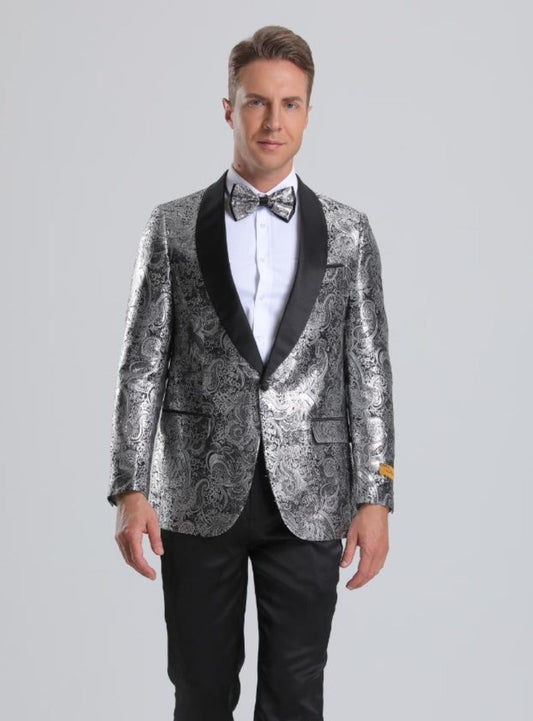 Men's Shiny Silver Sharkskin Floral Paisley Prom Tuxedo Jacket - Men's Tuxedo USA