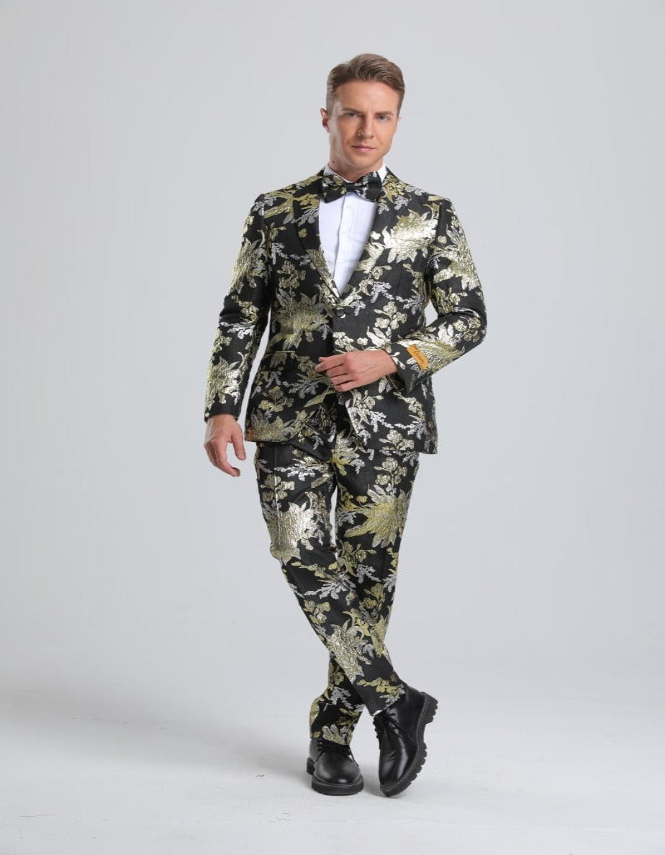 Men's Black, Gold & Silver Floral Paisley Prom Tuxedo - Men's Tuxedo USA