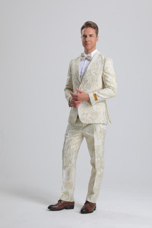 Men's Ivory & Gold Floral Paisley Prom Tuxedo - Men's Tuxedo USA