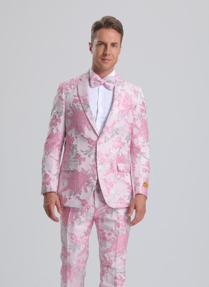 Men's Pink & Silver Floral Paisley Prom Tuxedo - Men's Tuxedo USA