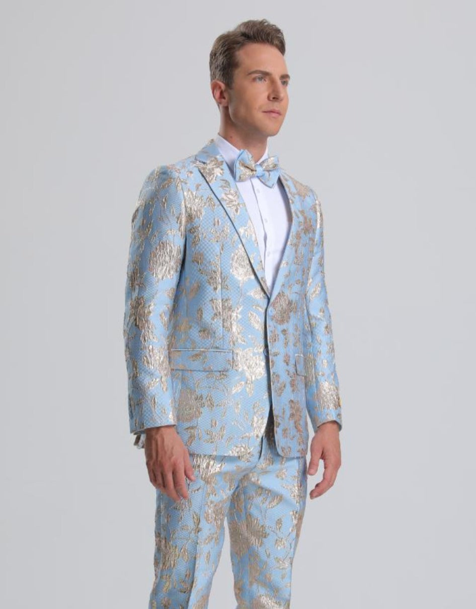 Men's Sky Blue & Silver Gold Floral Paisley Prom Tuxedo - Men's Tuxedo USA