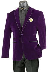 Mens Blazer - Cheap Priced Mens Sport Coat -Mens 2 Button Velvet Blazer In Purple With Black Leather Piping Trim - Men's Tuxedo USA