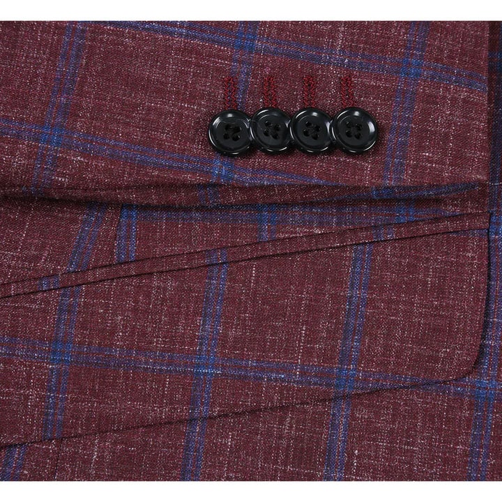 Mens Blazer - Cheap Priced Mens Sport Coat - Mens Slim Fit Two Button Wool Sport Coat Blazer In Burgundy & Blue Windowpane Plaid - Men's Tuxedo USA