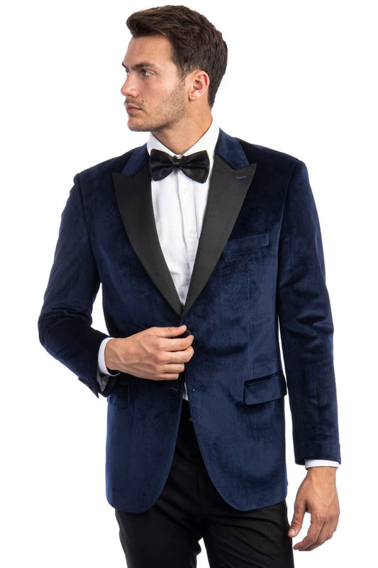 Mens Blazer - Cheap Priced Mens Sport Coat - Men's Two Button Peak Lapel Velvet Wedding & Prom Tuxedo Jacket In Navy Blue - Men's Tuxedo USA