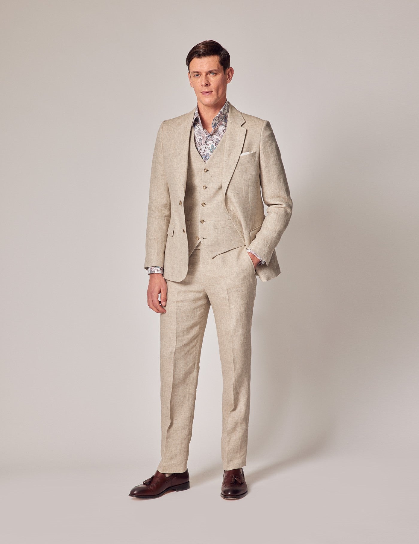 Mens Linen Suit For Beach Wedding - Summer  Suit in Natural Herringbone - Men's Tuxedo USA