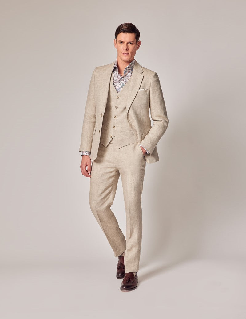 Mens Linen Suit For Beach Wedding - Summer  Suit in Natural Herringbone - Men's Tuxedo USA