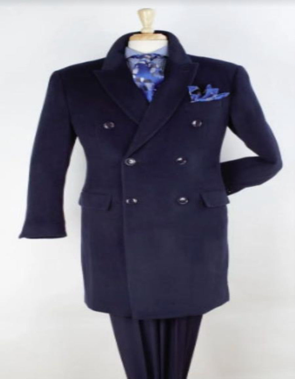 Navy Blue Overcoat - Blue Winter Topcoat - Wool Fabric Double Breasted - Men's Tuxedo USA