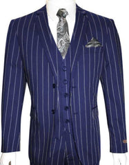 Mens 2 Button Gangster Pinstripe Suit in Dark Navy - Men's Tuxedo USA