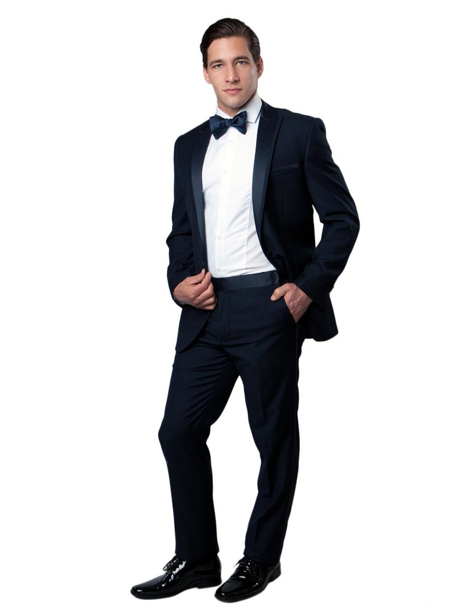 Mens Modern Wool Peak Trim Tuxedo in Navy - Men's Tuxedo USA