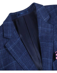 Mens Two Button Classic Fit Wool Sport Coat Navy Blue Windowpane Plaid Blazer - Men's Tuxedo USA