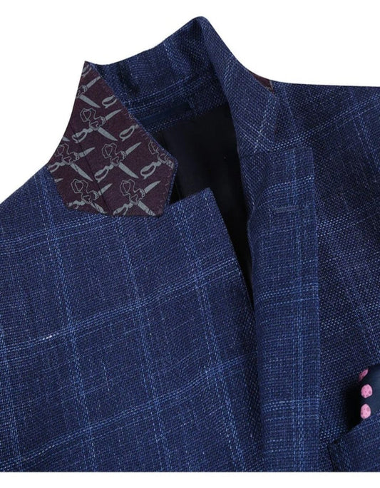 Mens Two Button Classic Fit Wool Sport Coat Navy Blue Windowpane Plaid Blazer - Men's Tuxedo USA