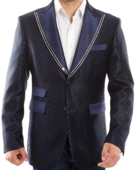 Navy Blue And Gold Trim Tuxedo Dinner Jacket - Navy Blue Blazer - Men's Tuxedo USA